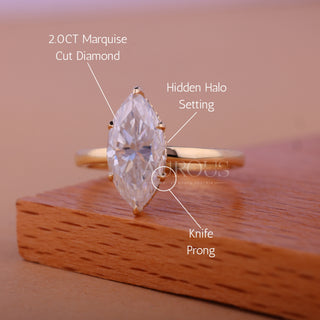 2.0CT Marquise Cut Hidden Halo Moissanite Engagement Ring