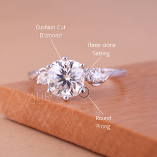 1.0CT Cushion Cut Three Stone Moissanite Engagement Ring