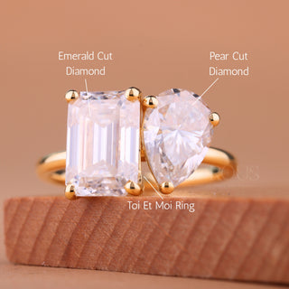2.0CTW Pear & Emerald Cut Toi Et Moi Moissanite Engagement Ring