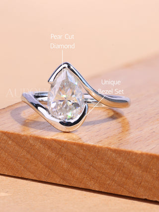 1.50CT Pear Cut Hidden Halo Unique Bezel Engagement Ring