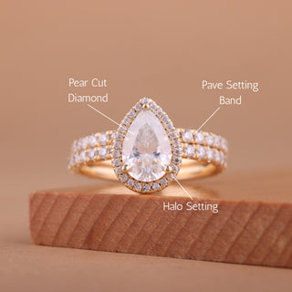 1.0CT Pear Cut Halo Pave Setting Moissanite Bridal Ring Set