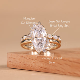 2.0CT Marquise Cut Vintage Moissanite Diamond Engagement Ring Set