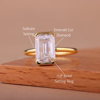 2.0CT Emerald Cut Half Bezel Set Solitaire Engagement Ring