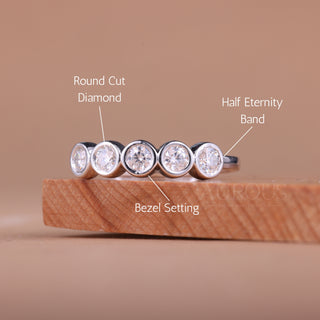 Round Cut Bezel Setting Half Eternity Moissanite Wedding Band