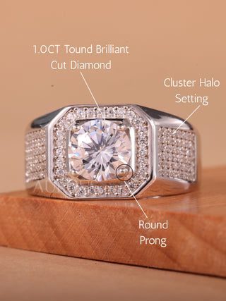 1.0CT Round Cut Halo Cluster Diamond Moissanite Men's Engagement Ring