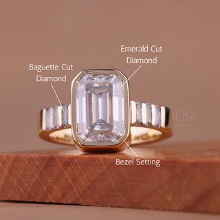 1.50CT Emerald Cut Bezel Set Unique Moissanite Engagement Ring