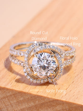 1.0CT Round Cut Floral Halo Diamond Moissanite Engagement Ring
