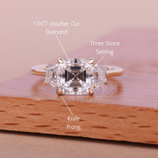 1.0CT Asscher Cut Three Stone Moissanite Engagement Ring