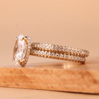 1.50CT Oval Cut Three Side Pave Setting Moissanite Bridal Ring Set
