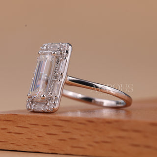 1.50CT Elongated Emerald Cut Unique Halo Cluster Engagement Ring
