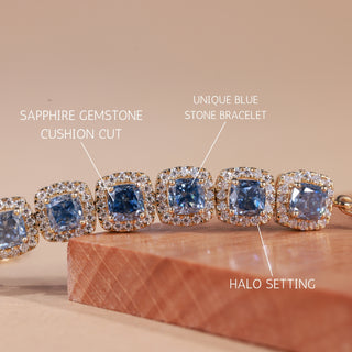Blue Sapphire Cushion Cut Gemstone Halo Setting Bracelet