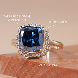 1.50CT Blue Sapphire Cushion Cut Halo Engagement Ring