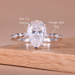 1.50CT Pear Cut Vintage Style Moissanite Engagement Ring