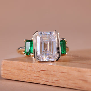 1.50CT Emerald Cut Green Stone Three Stone Engagement Ring