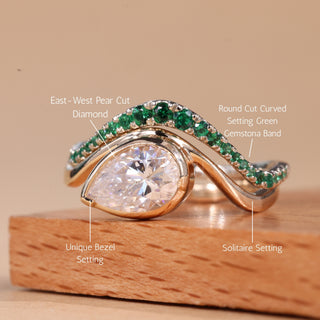 1.50CT East-West Pear Cut Curved Moissanite Engagement Ring Set