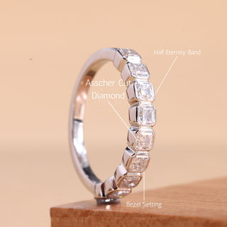 Asscher Cut Bezel Setting Half Eternity Moissanite Wedding Band