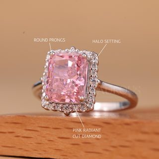 1.50CT Pink Radiant Cut Halo Setting Moissanite Engagement Ring