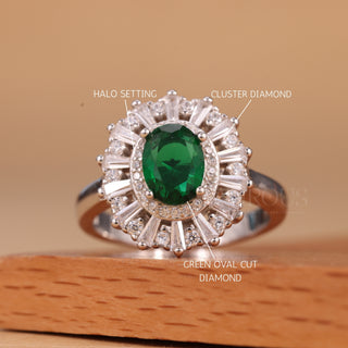 1.0CT Oval cut Green Gemstone Cluster Diamond Moissanite Engagement Ring
