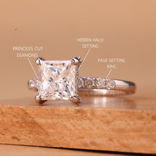 1.0CT Princess Cut Diamond Pave Setting Moissanite Engagement Ring