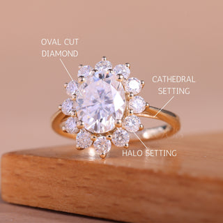 1.50CT Oval Cut Floral Halo Set Moissanite Engagement Ring