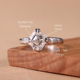 1.0CT Asscher Cut Double Claw Prong Set Moissanite Engagement Ring