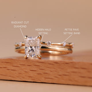1.0CT Radiant Cut Hidden Halo Moissanite Bridal Ring Set