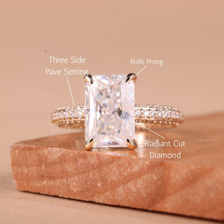 3.0CT Radiant Cut Three Side Pave Setting Moissanite Engagement Ring