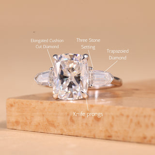 2.0CT Elongated Cushion Cut Three Stone Moissanite Engagement Ring