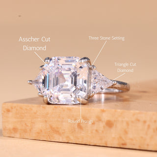 2.0CT Asscher Cut Three Stone Moissanite Engagement Ring