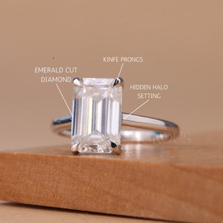 1.0CT Emerald Cut Hidden Halo Setting Moissanite Engagement Ring