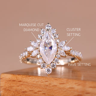 1.0CT Marquise Cut Cluster Diamond Moissanite Engagement Ring