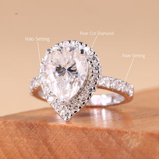 1.0CT Pear Cut Diamond Halo Setting Moissanite Engagement Ring