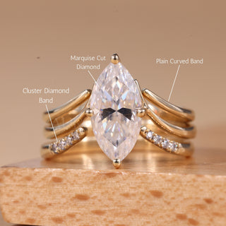 1.50CT Marquise Cut Curved Cluster Moissanite Bridal Ring Set
