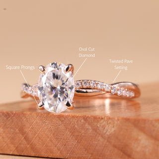 1.0CT Oval Cut Twisted Pave Setting Moissanite Engagement Ring