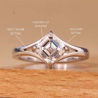 1.0CT Asscher Cut Solitaire Split Shank Moissanite Engagement Ring
