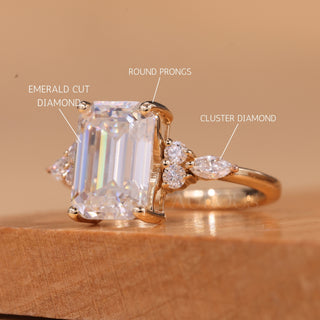 2.0CT Emerald Cut Cluster Diamond Moissanite Engagement Ring
