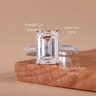 2.0CT Emerald Cut Three Side Pave Setting Moissanite Engagement Ring