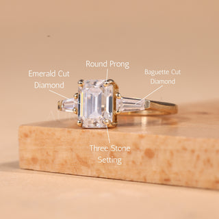 1.0CT Emerald Cut Three Stone Moissanite Engagement Ring