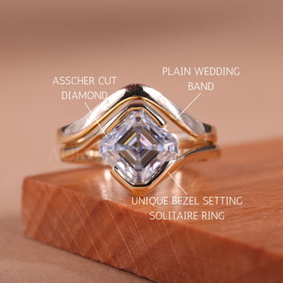 1.50CT Asscher Cut Unique Bezel Setting Moissanite Bridal Ring Set
