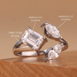 Emerald & Marquise Cut Three Stone Moissanite Engagement Ring