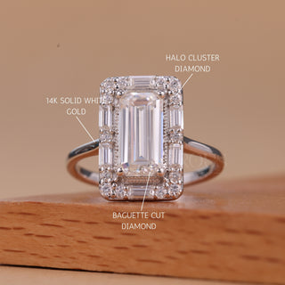 1.50CT Elongated Emerald Cut Unique Halo Cluster Engagement Ring