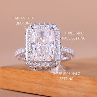 2.50CT Radiant Cut Three Side Pave & Halo Setting Engagement Ring