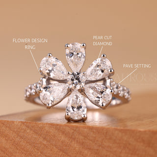 Round & Pear Diamond Flower Design Moissanite Engagement Ring