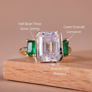 1.50CT Emerald Cut Green Stone Three Stone Engagement Ring