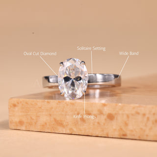 1.0CT Oval Cut Wide Band Solitaire Moissanite Engagement Ring