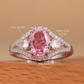 1.0CT Pink Oval Cut Three Stone Moissanite Engagement Ring