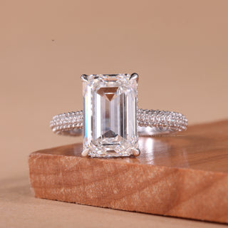 2.0CT Emerald Cut Three Side Pave Setting Moissanite Engagement Ring