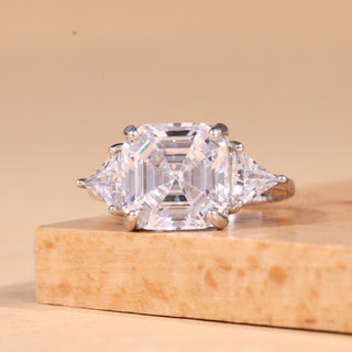 2.0CT Asscher Cut Three Stone Moissanite Engagement Ring