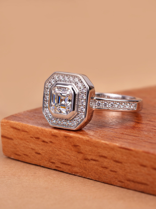 1.0CT Asscher Bezel Set Unique Halo Engagement Ring for Women
