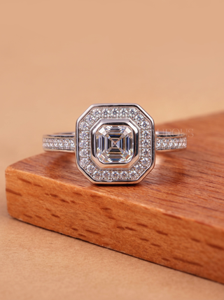 1.0CT Asscher Bezel Set Unique Halo Engagement Ring for Women